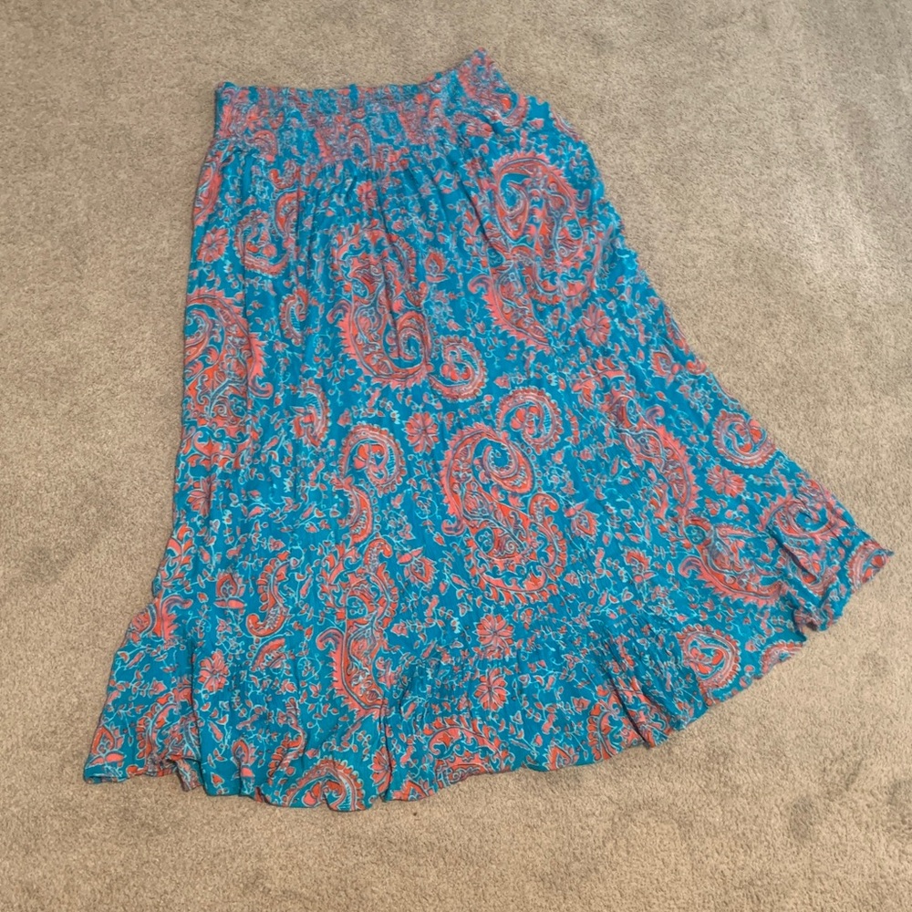 East 5th Turquoise and Orange Paisley A-Line Skirt size Large